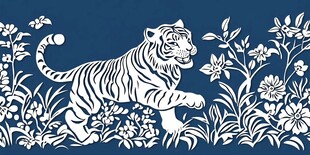 蓝底白虎花卉剪纸图案