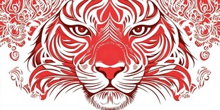 红色花纹老虎头剪纸图案