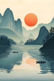 夕阳下的山水泛舟图景