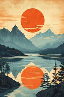 夕阳下的山水湖景倒影