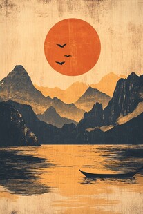 夕阳下的山水孤舟美景