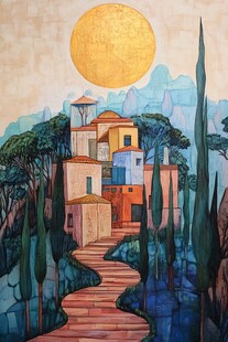 梦幻山间村落与金色圆月