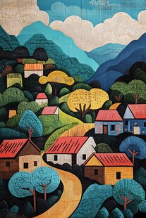 山间多彩村落风景图