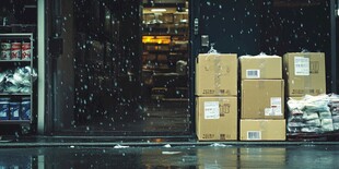 雪天街边堆放货物的店铺