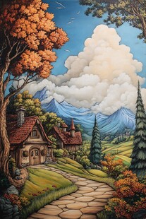 秋日山间小屋的梦幻风景