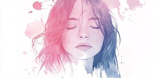 梦幻水彩风闭眼长发女子