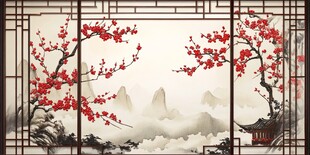 中式屏风上的红梅山水图