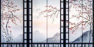 窗景映红梅远山诗意浓