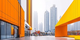 都市橙黄建筑与天际线景观