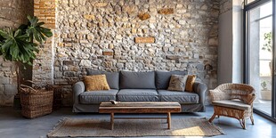 石墙客厅的惬意休闲角落