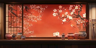 中式窗景 红梅映红墙