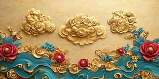 中式浮雕 云花海浪艺术饰纹