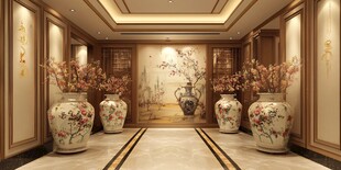 中式典雅走廊 繁花瓷瓶装点