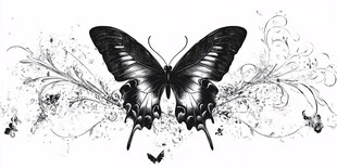 黑白蝴蝶花卉装饰图案