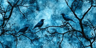 蓝调树枝上的三只鸟儿