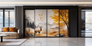 中式山水麋鹿客厅背景墙