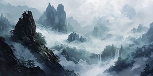 水墨仙山云雾间奇幻盛景