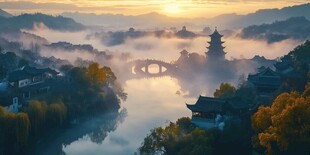 晨曦下的山水古村美景