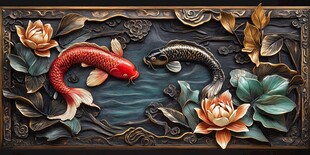 锦鲤荷花浮雕艺术装饰图