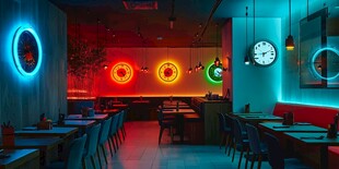 霓虹装点的时尚餐厅空间