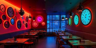 霓虹时钟装饰的时尚餐厅
