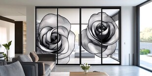 现代客厅黑白玫瑰艺术移门
