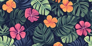 热带花卉绿叶无缝图案