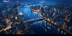 璀璨都市夜景中的桥梁与船只