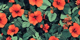 橙花绿叶无缝图案背景