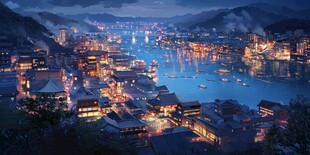 梦幻夜景中的河畔古风城镇