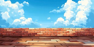 红砖墙面与蓝天白云风景