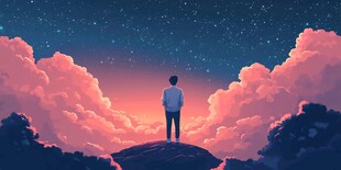 男子立于云端星空下远眺