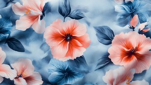 蓝底粉花梦幻花卉图案