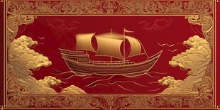 中式金红航海帆船装饰图