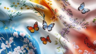 多彩花卉蝴蝶印花丝绸面料