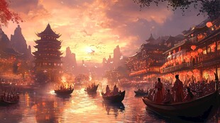 夕阳下的古风河畔繁华景象