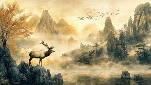 山林麋鹿图 飞鸟共舞景