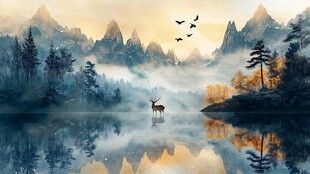 湖畔鹿影 山间雾霭美景