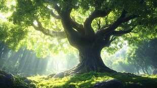 阳光照耀下的古老参天巨树