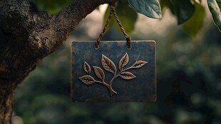 树叶图案金属牌挂于树枝
