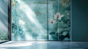 中式荷花艺术玻璃墙面