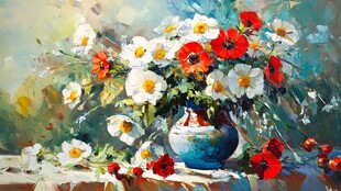 花瓶中的多彩花卉油画