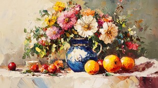 蓝瓶花卉与鲜果静物画