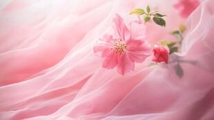 粉色柔纱上的娇艳花朵