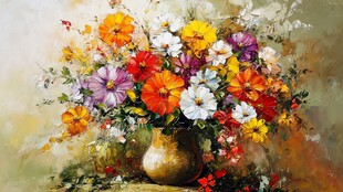 油画中的多彩花卉花瓶