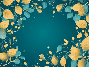 蓝绿背景的金黄树叶边框
