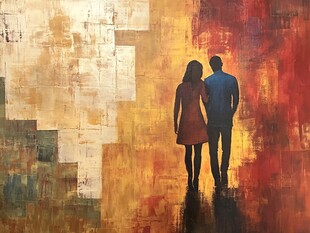 情侣漫步的抽象艺术图景
