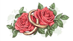 玫瑰与婚戒浪漫插画