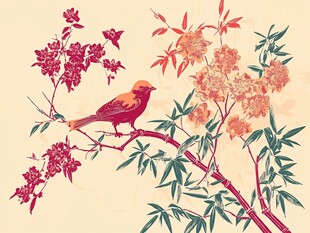 枝头栖鸟伴繁花