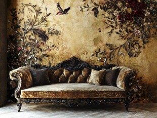 复古花卉墙下的奢华沙发
